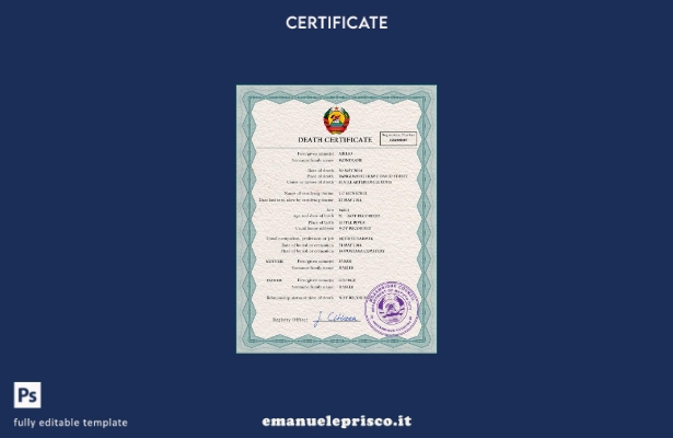 modello PSD del certificato di morte dei documenti di stato civile del Mozambico